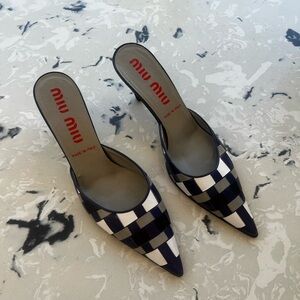 Miu Miu Navy and White Checkered Mules